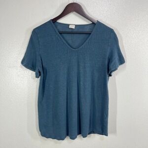 Poetry Linen Top Women's US Medium Blue Short Sleeve V Neck  Pintuck Relaxed Fit